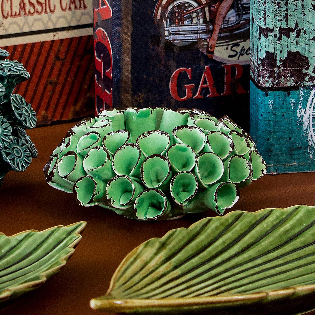 Castiçal de Cerâmica Verde Crispin Coral 5x12cm para Decoração