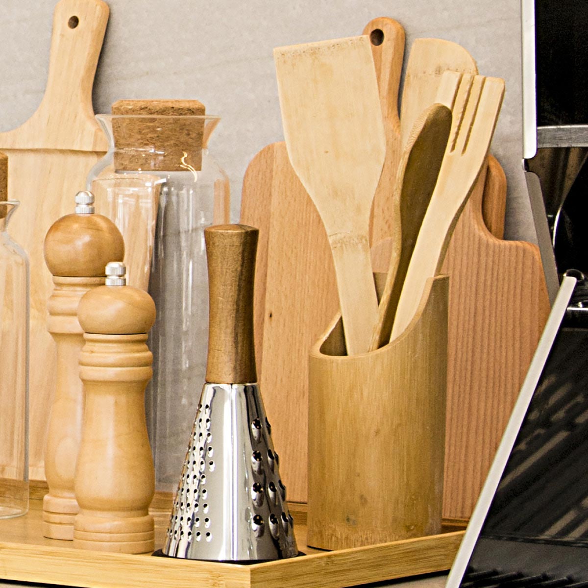 Jogo de Utensílios de Cozinha Bambu Natural Table com Suporte 4 Peças