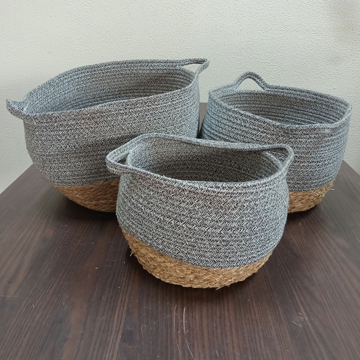 Conjunto de Cestas Decorativas Kigali Fibra Cinza 3 Tamanhos