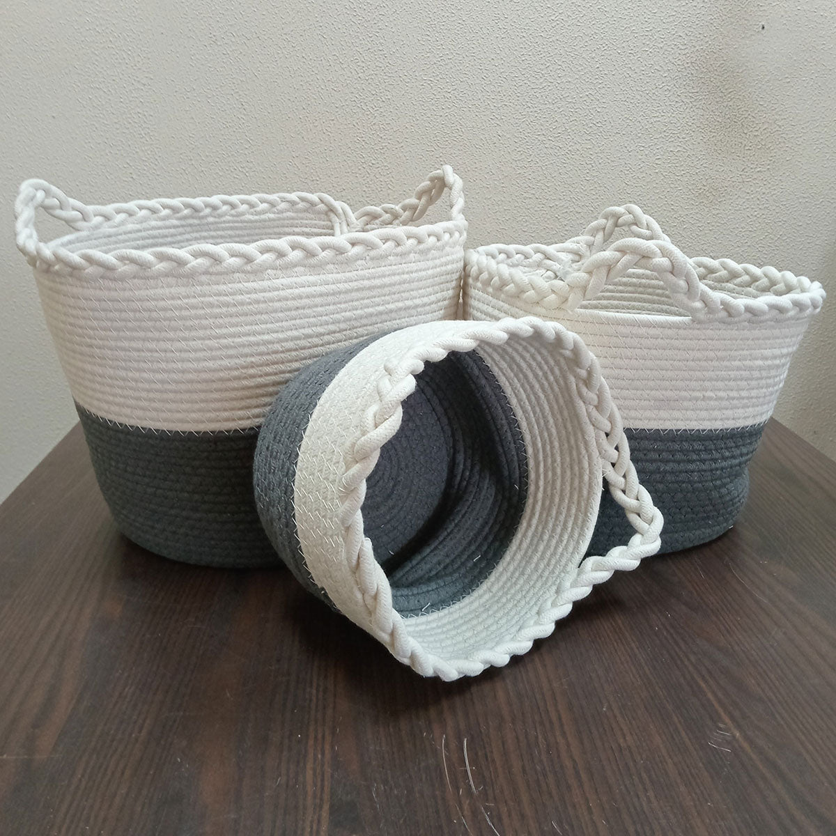 Conjunto de 3 Cestas Organizadoras Caterrine Tecido Cinza 32/27,7/21,7 cm