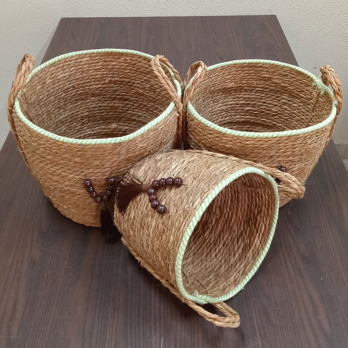 Conjunto de Cestas Decorativas Abigail 3 Peças Fibra Verde