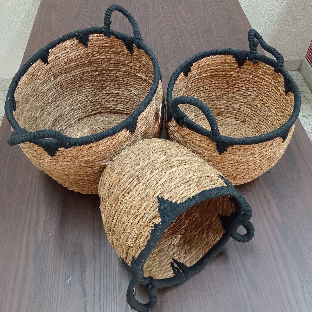 Conjunto de Cestas Decorativas Fibra Natural Preto 3 Peças