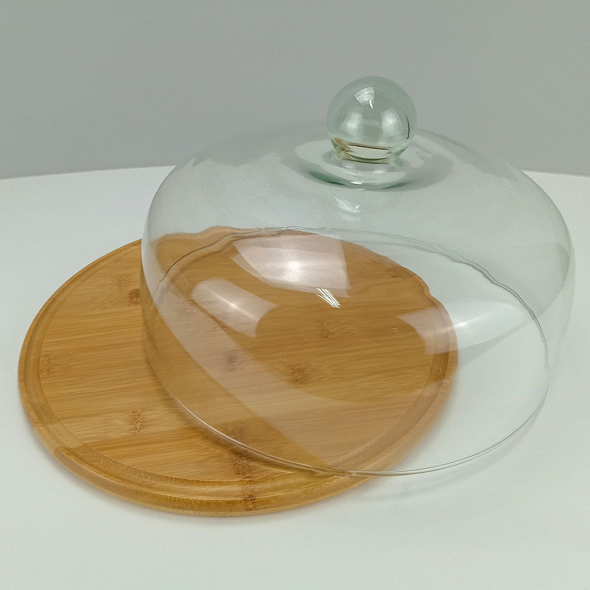Prato de Bolo com Tampa de Vidro e Base de Bambu 20cm Natural