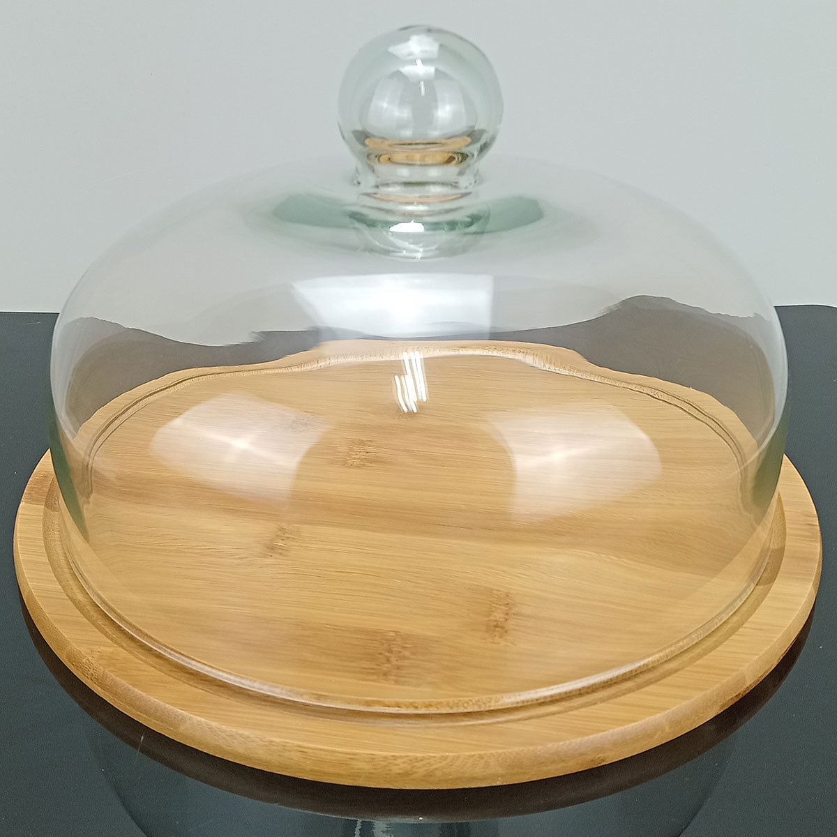 Prato Bolo com Tampa de Vidro e Base de Bambu 18cm - Natural