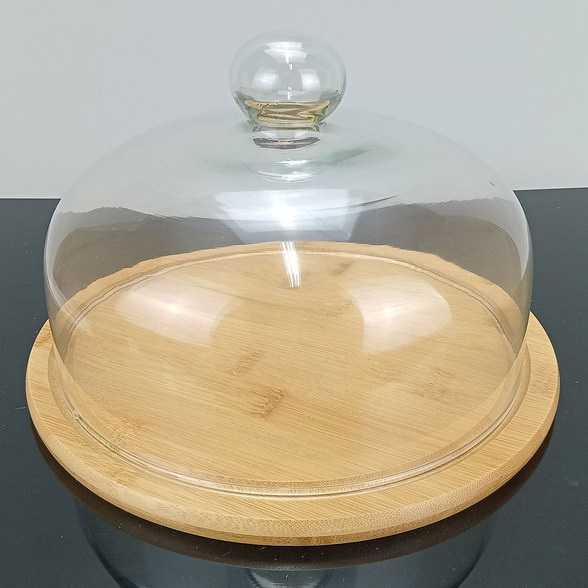 Prato de Bolo com Tampa de Vidro e Base de Bambu 15x26cm Natural