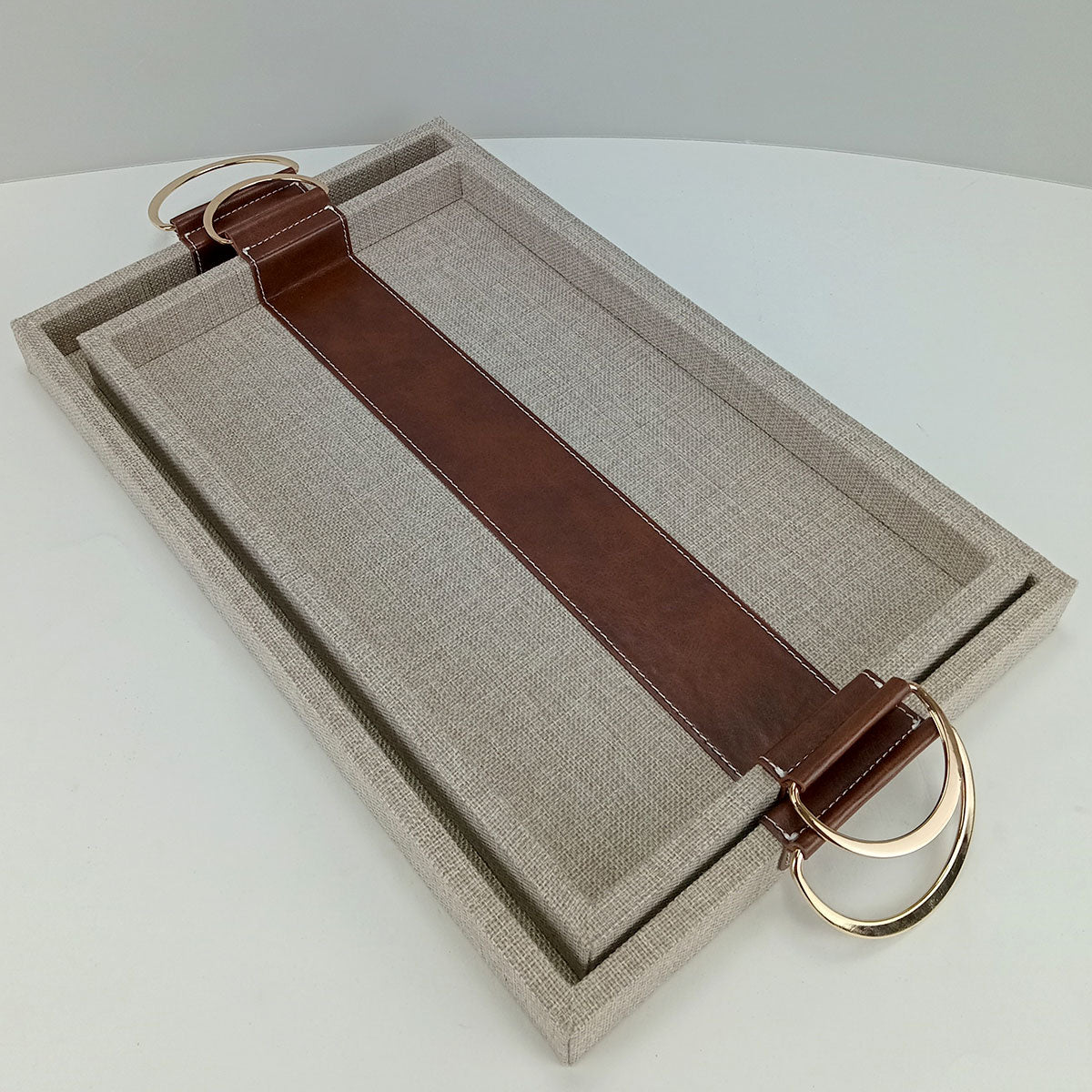 Bandeja Retangular Home&Co Bege MDF com Alças Metal Dourado 2 Peças