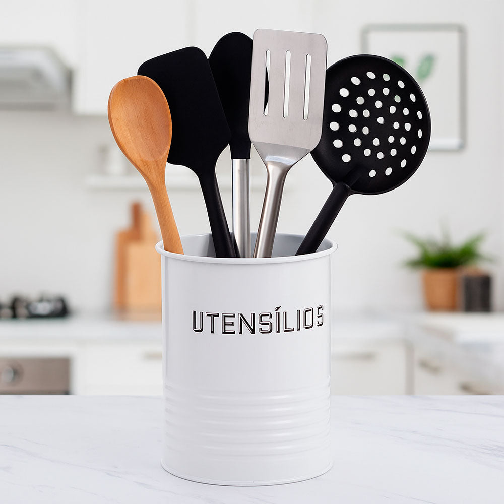 Lata Porta Utensílios Branca Metal 12x15cm Mai Home Organizador