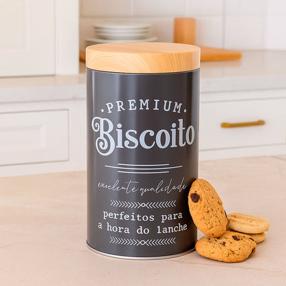 Lata de Biscoitos Dolci Mai Home Preta Redonda 10x17,5cm Aço Carbono