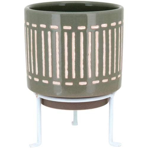 Cachepô de Cerâmica Cinza Bernan 20x14cm com Suporte para Plantas