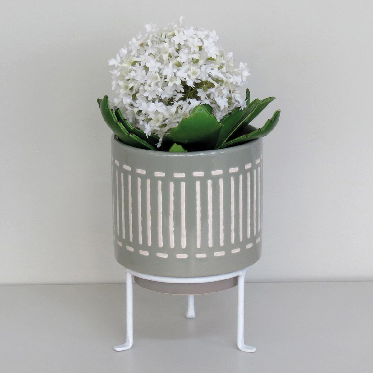 Cachepô de Cerâmica Cinza Bernan 20x14cm com Suporte para Plantas