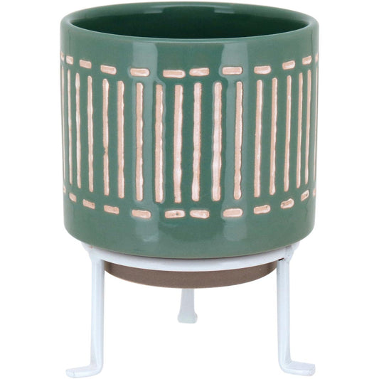 Cachepô Cerâmico Verde Bernan 16x12cm com Suporte para Plantas