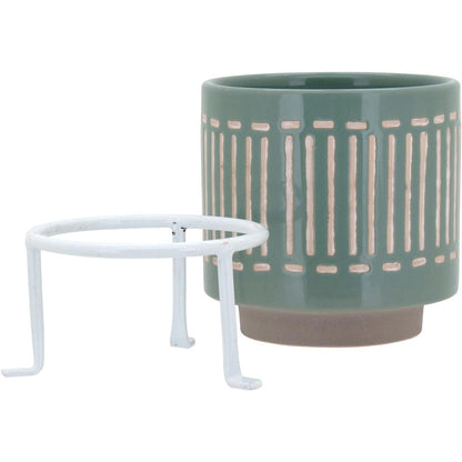 Cachepô Cerâmico Verde Bernan 16x12cm com Suporte para Plantas