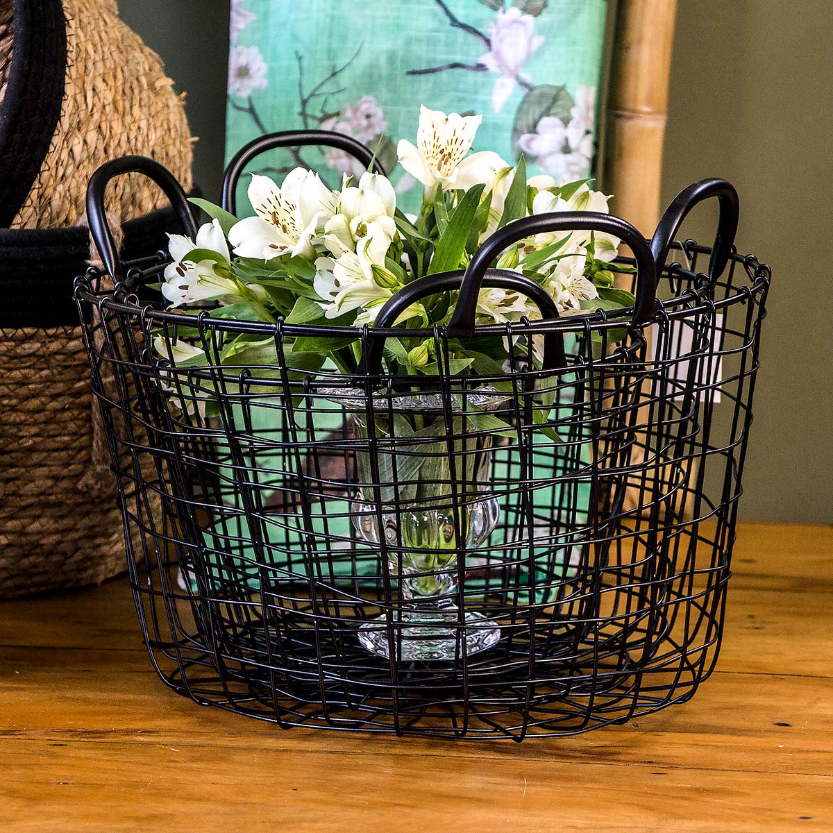 Conjunto de Cestas Decorativas Redondas Metal Preto 3 Peças