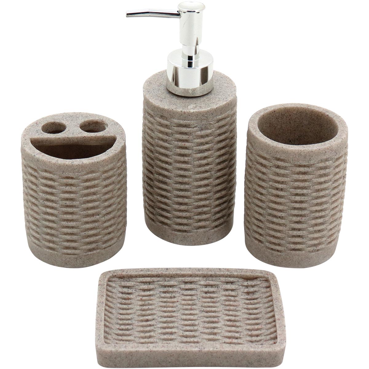 Kit Acessórios Banheiro Resina Bege 4 Peças - Porta-Sabonete, Escova, Toalhas, Dispenser
