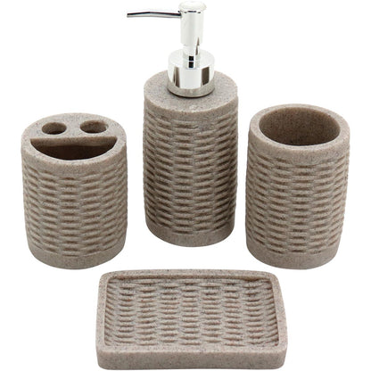 Kit Acessórios Banheiro Resina Bege 4 Peças - Porta-Sabonete, Escova, Toalhas, Dispenser