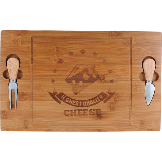 Jogo de Queijo Cheesy 3 Peças Bambu Natural com Tábua e Facas