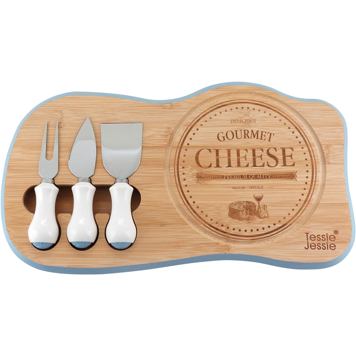Jogo de Queijo 4 Peças Anetto Madeira Azul com Facas Especializadas