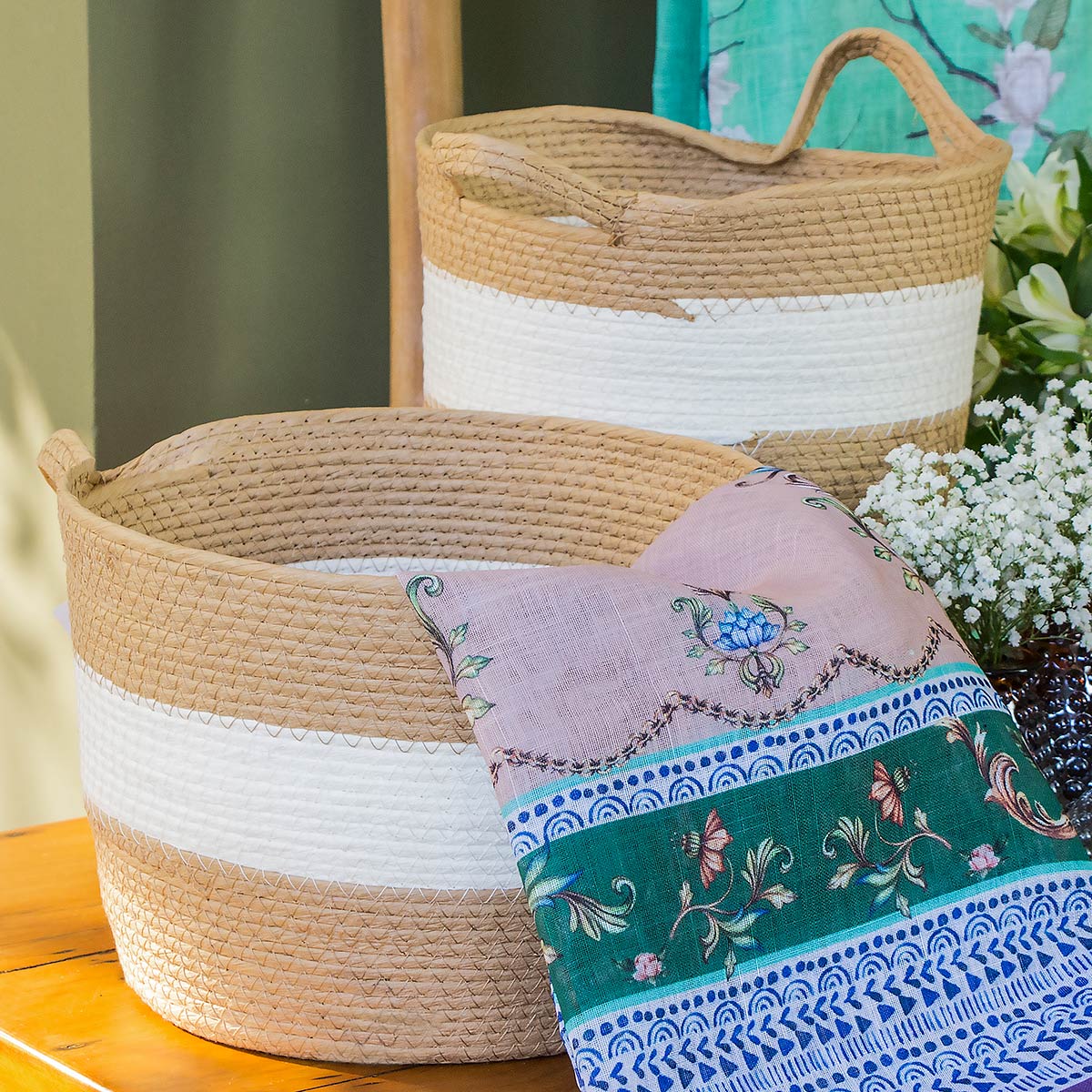 Conjunto de Cestas Decorativas Bangli Fibra Bege - 3 Peças