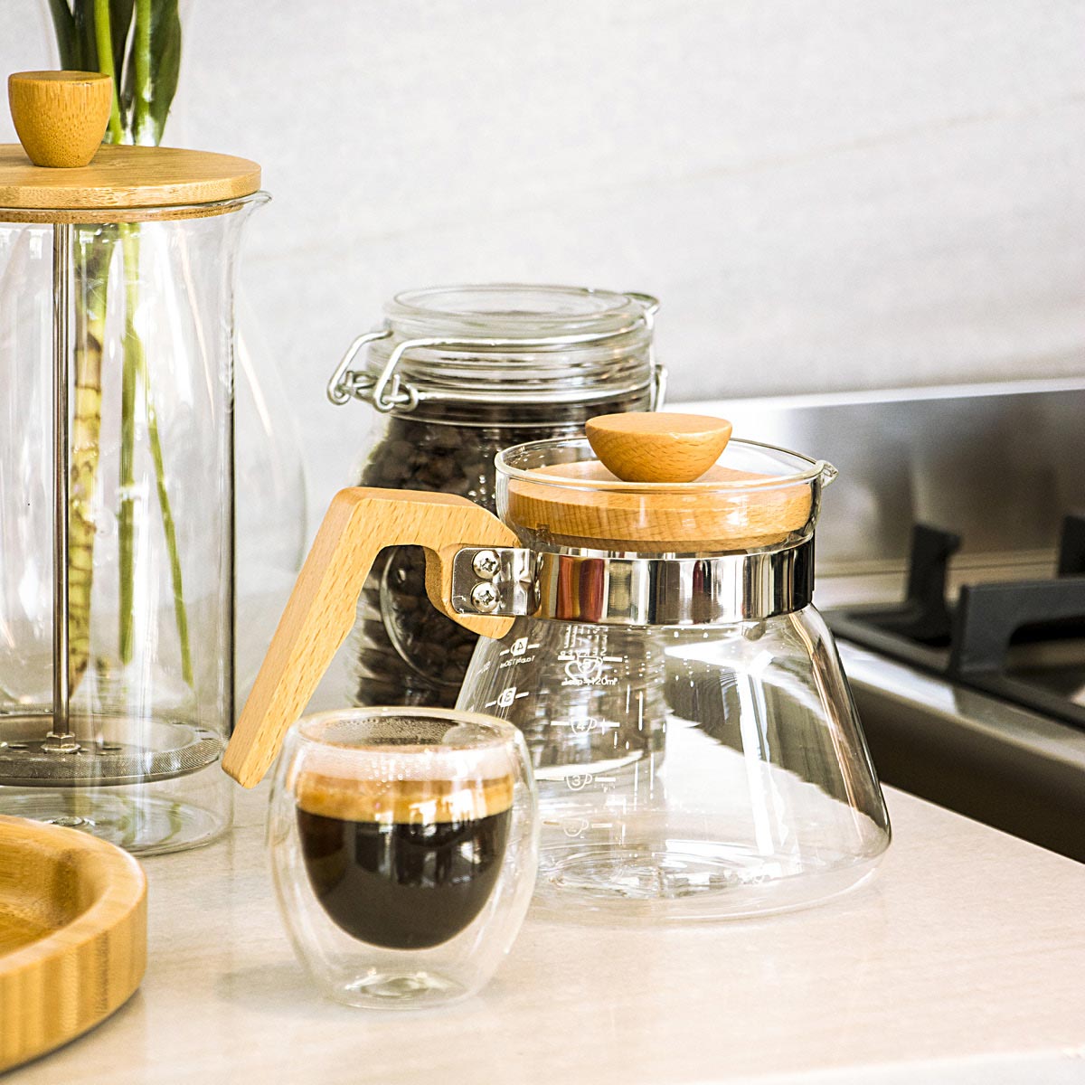 Cafeteira Balzac 400ml Vidro Borossilicato com Tampa de Madeira Transparente
