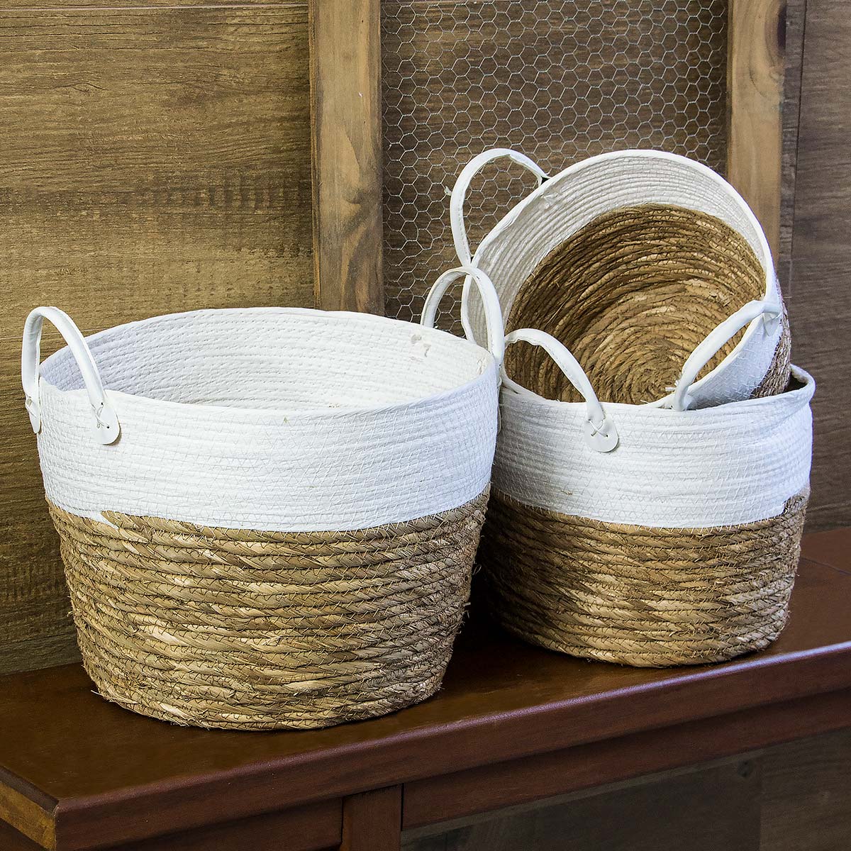 Conjunto 3 Cestas Decorativas Fibra Branca Poneso - Organizador 32,4cm