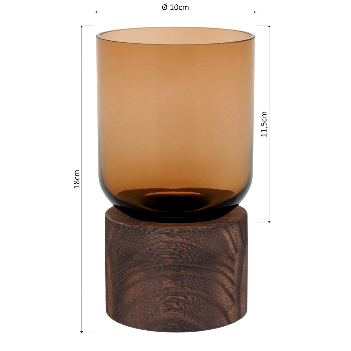 Vaso Decorativo Mondello Âmbar Vidro Base Madeira 18x10cm