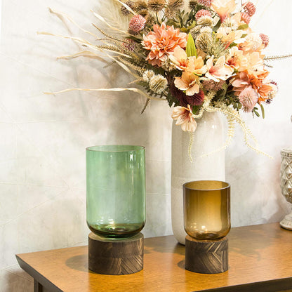 Vaso Decorativo Mondello Âmbar Vidro Base Madeira 18x10cm