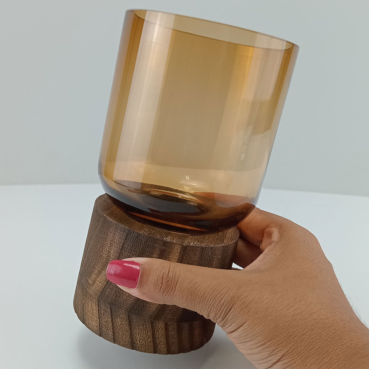 Vaso Decorativo Mondello Âmbar Vidro Base Madeira 18x10cm