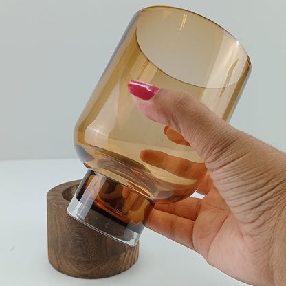 Vaso Decorativo Mondello Âmbar Vidro Base Madeira 18x10cm