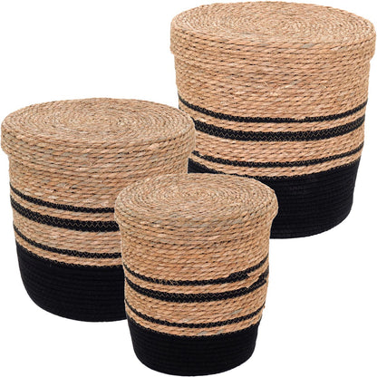 Cestas Organizadoras com Tampa Fibra Preta 3 Peças - Grande, Médio, Pequeno