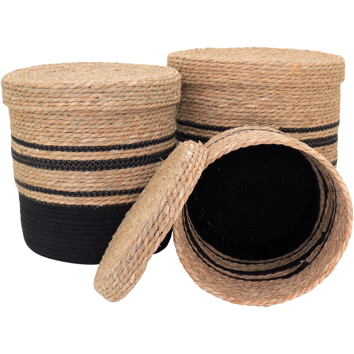 Cestas Organizadoras com Tampa Fibra Preta 3 Peças - Grande, Médio, Pequeno