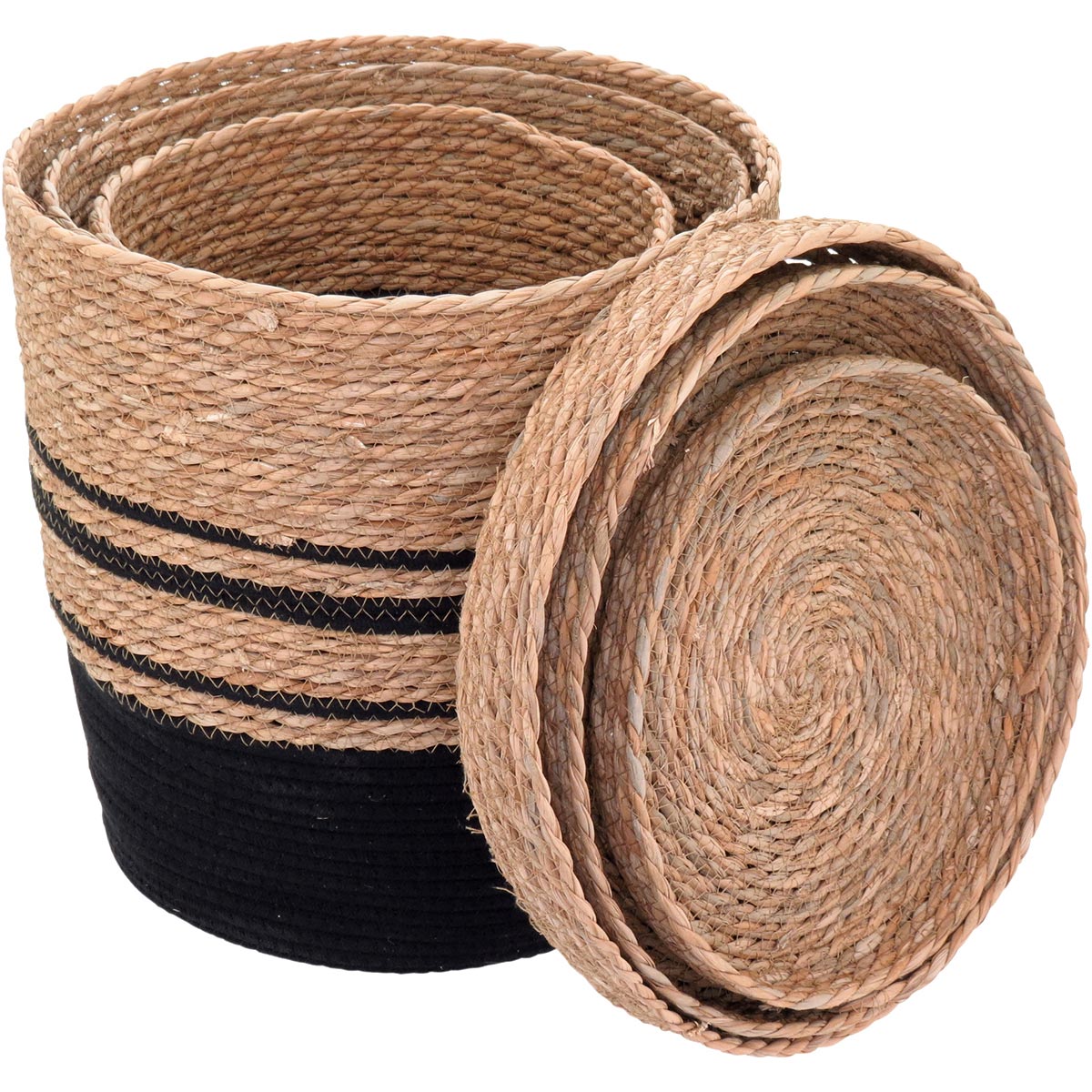 Cestas Organizadoras com Tampa Fibra Preta 3 Peças - Grande, Médio, Pequeno