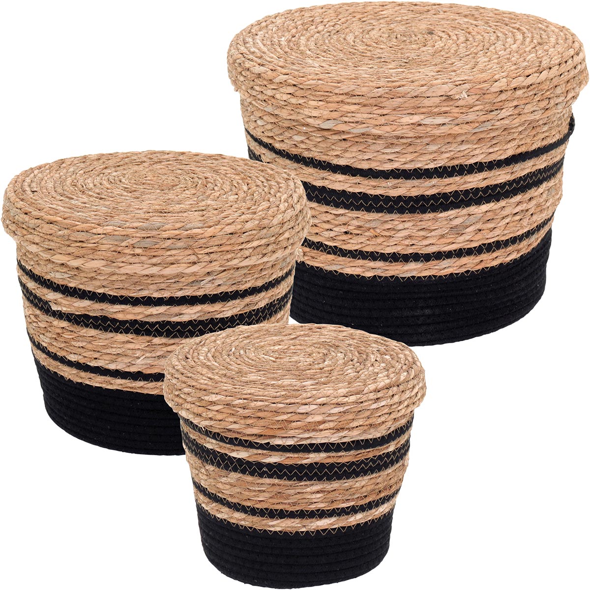 Cesta Organizadora 3 Peças com Tampa Fibra Preta - Conjunto Decorativo