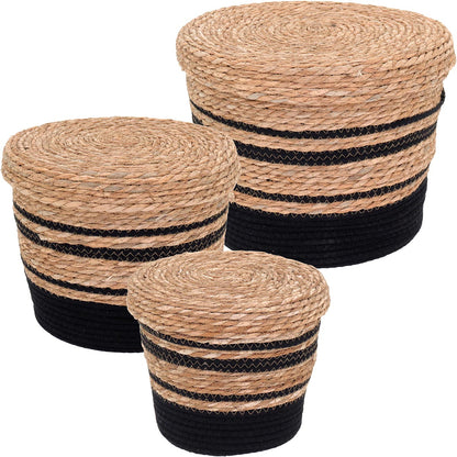 Cesta Organizadora 3 Peças com Tampa Fibra Preta - Conjunto Decorativo
