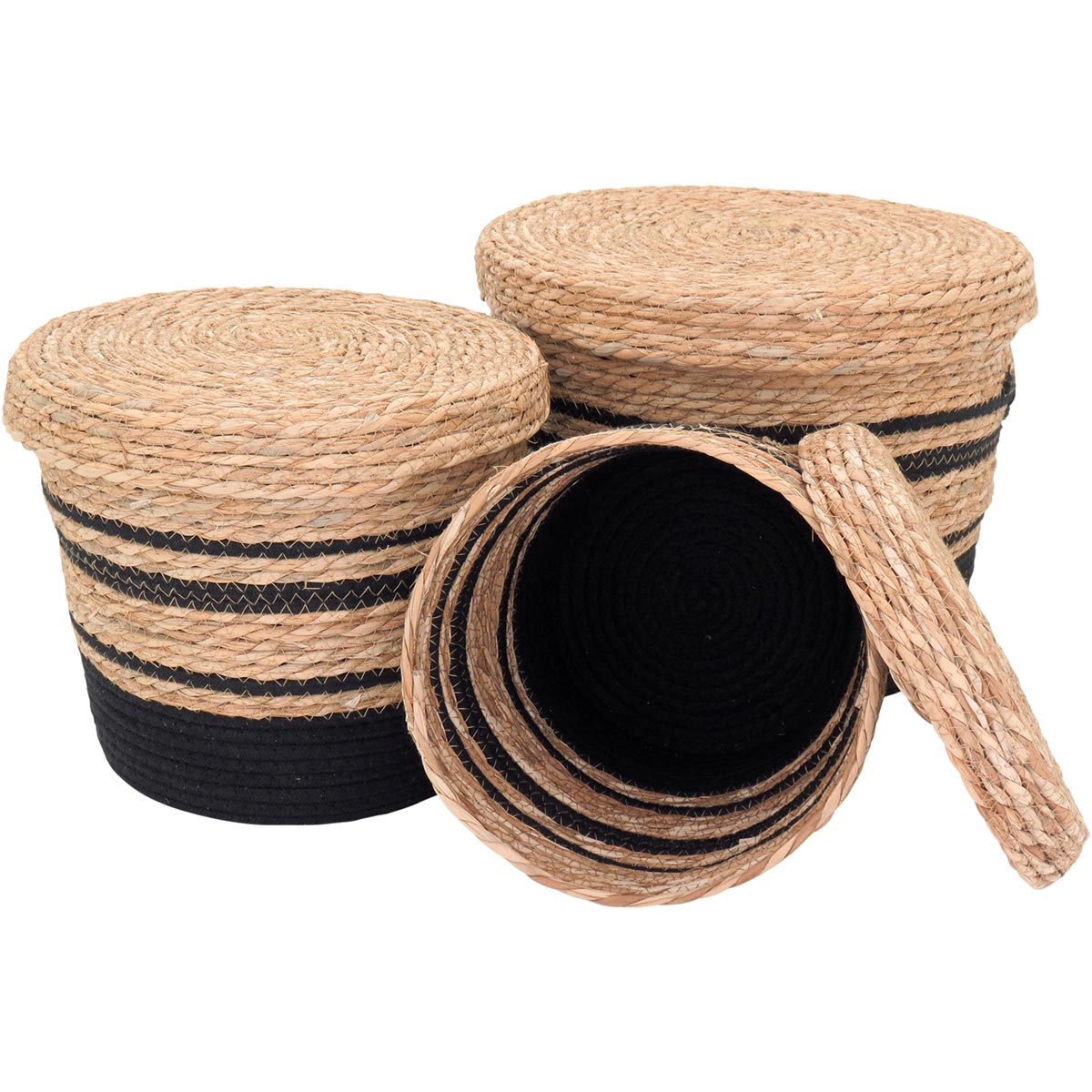 Cesta Organizadora 3 Peças com Tampa Fibra Preta - Conjunto Decorativo