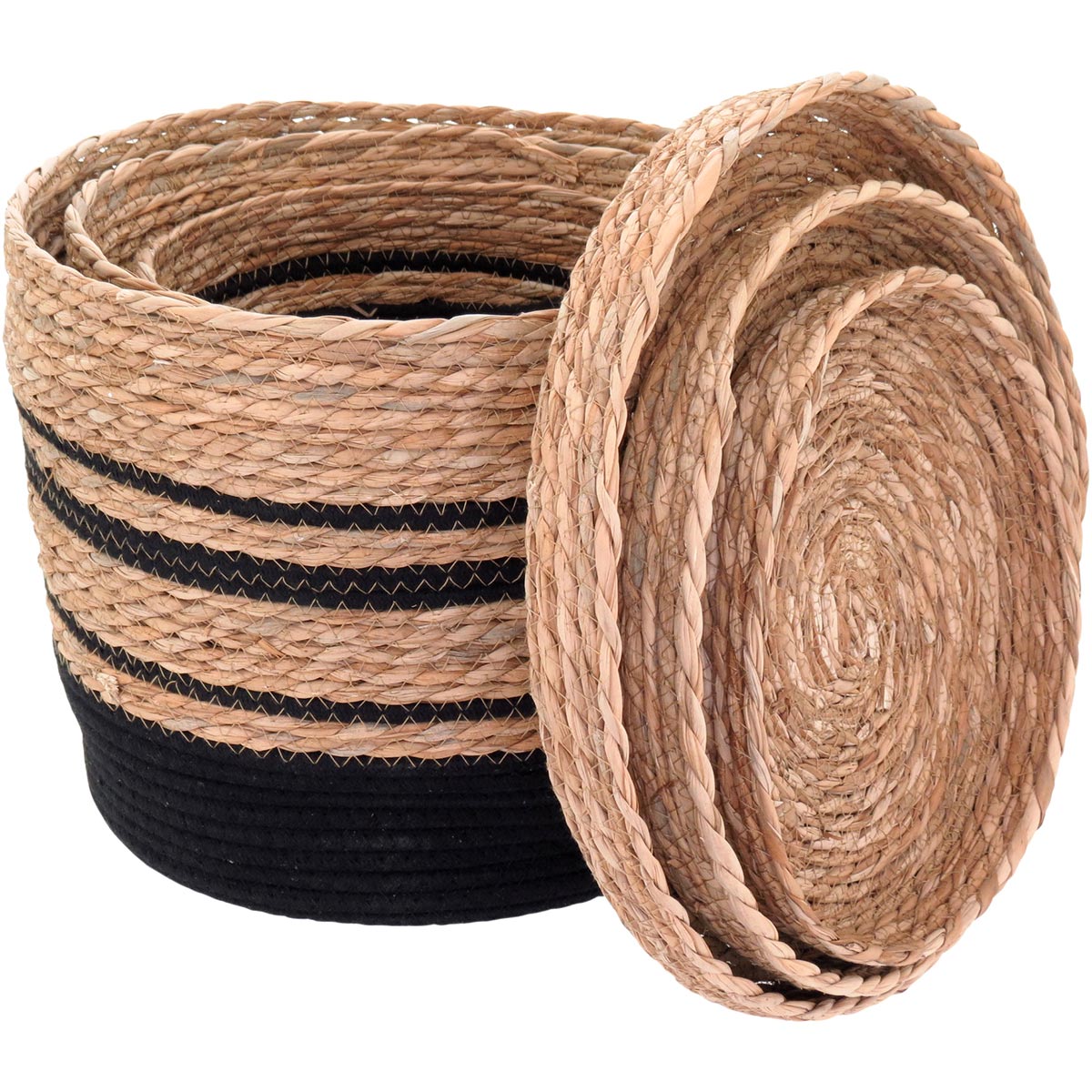 Cesta Organizadora 3 Peças com Tampa Fibra Preta - Conjunto Decorativo