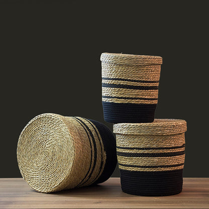 Cesta Organizadora 3 Peças com Tampa Fibra Preta - Conjunto Decorativo