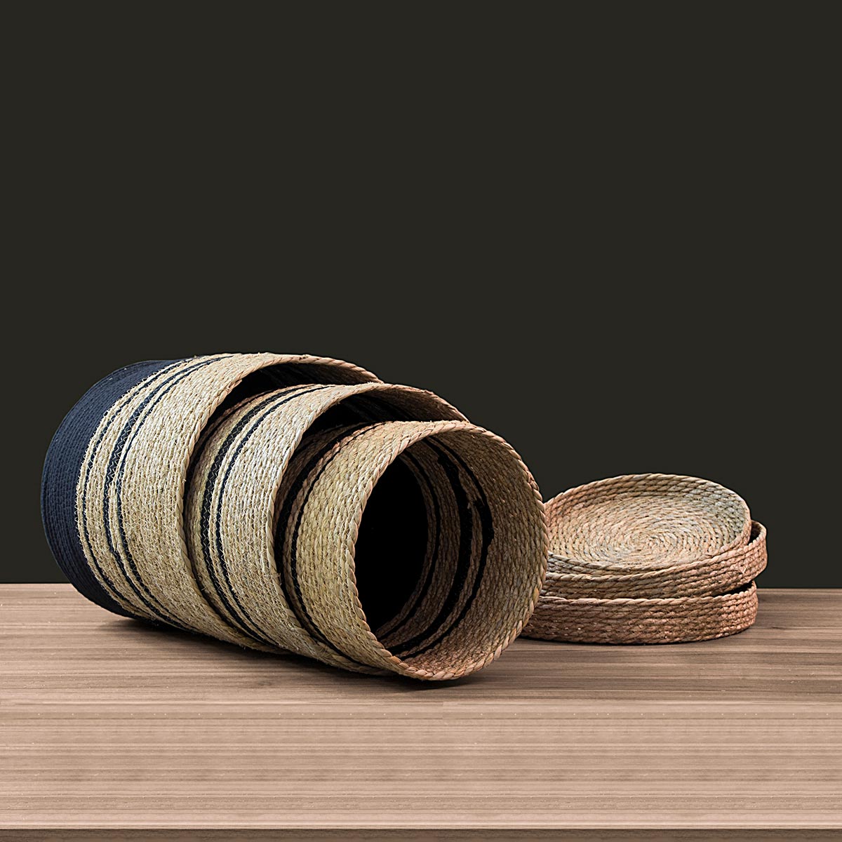 Cesta Organizadora 3 Peças com Tampa Fibra Preta - Conjunto Decorativo