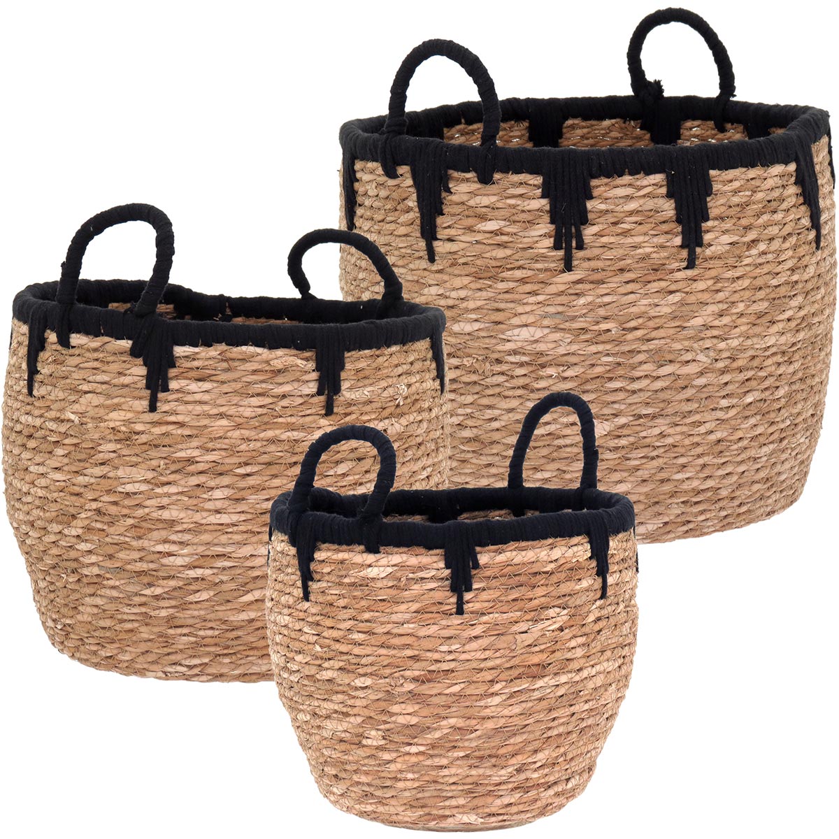 Conjunto de Cestas Decorativas Fibra Natural Preto 3 Peças