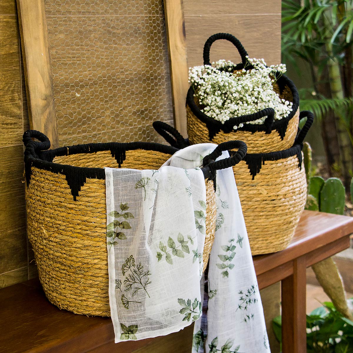 Conjunto de Cestas Decorativas Fibra Natural Preto 3 Peças