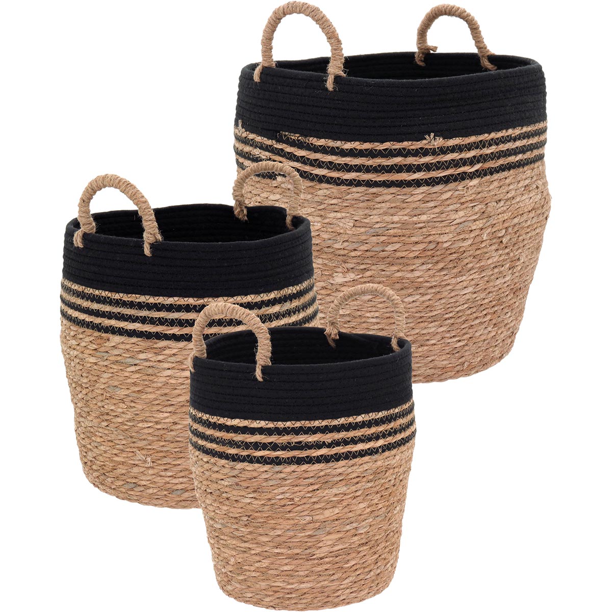 Jogo de 3 Cestas Decorativas Fibra Natural Preto - Organizadoras Domésticas