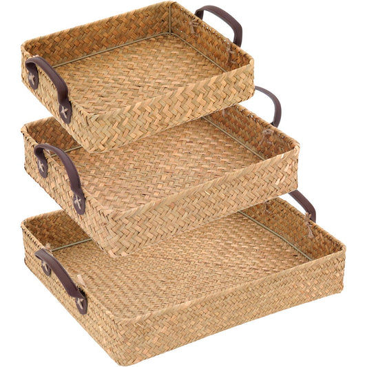 Jogo de Bandejas Fibra Natural 3 Peças Marrom - Elegância para Servir