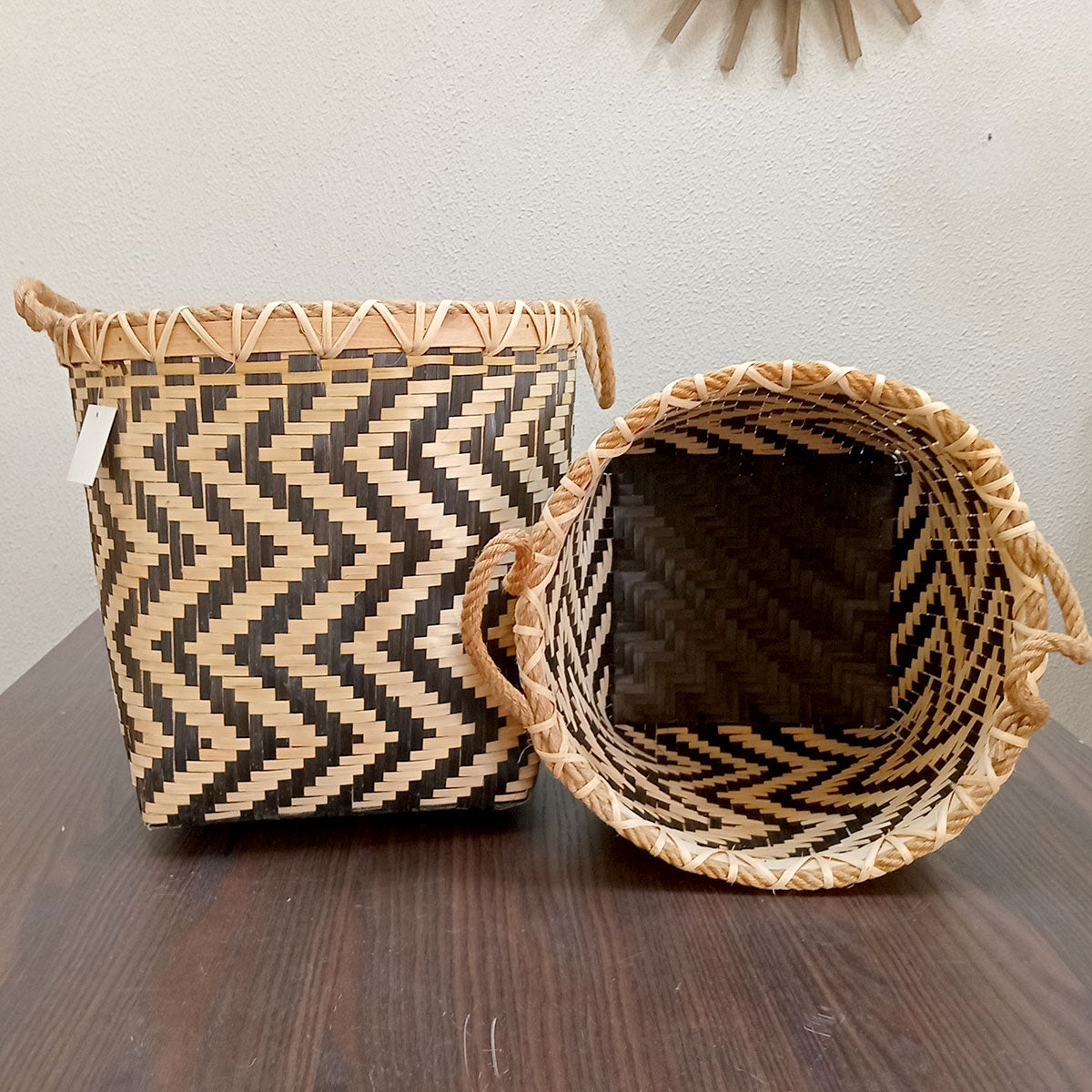 Cesta Organizadora em Bambu Preto - Conjunto 2 Peças Decorativas