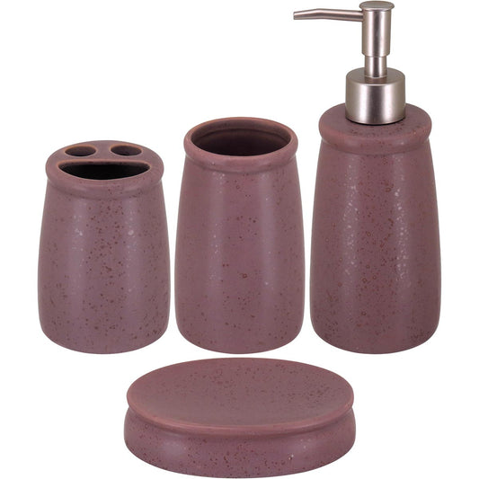 Conjunto Acessórios Banheiro Cerâmica Rosa 4 Peças - Porta-Sabonete, Saboneteira, Porta-Algodão, Porta-Escovas