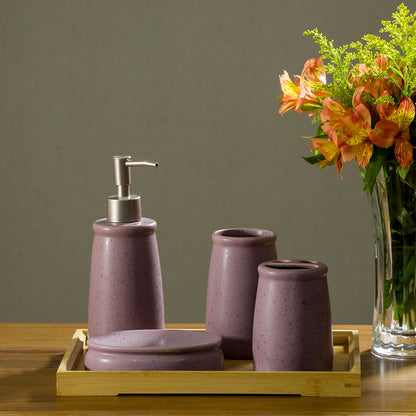 Conjunto Acessórios Banheiro Cerâmica Rosa 4 Peças - Porta-Sabonete, Saboneteira, Porta-Algodão, Porta-Escovas