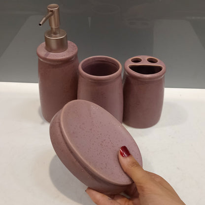 Conjunto Acessórios Banheiro Cerâmica Rosa 4 Peças - Porta-Sabonete, Saboneteira, Porta-Algodão, Porta-Escovas