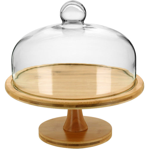 Prato de Bolo com Pé em Bambu e Tampa de Vidro 29cm Natural