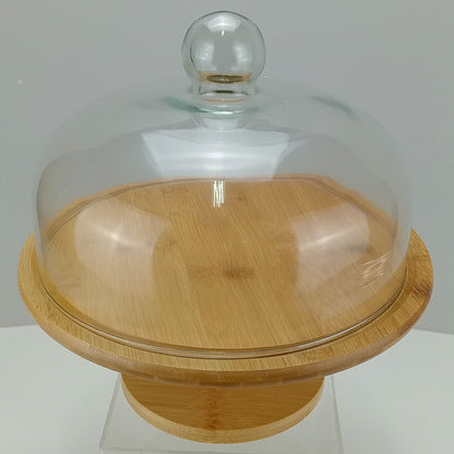 Prato de Bolo com Pé em Bambu e Tampa de Vidro 29cm Natural