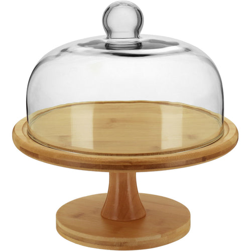 Prato de Bolo com Pé Bambu e Tampa de Vidro 27x26cm Natural