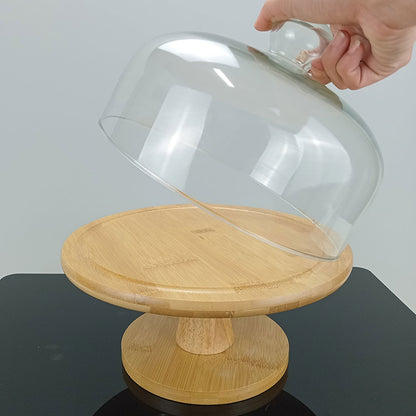 Prato de Bolo com Pé Bambu e Tampa de Vidro 27x26cm Natural
