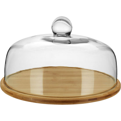Prato de Bolo com Tampa de Vidro e Base de Bambu 20cm Natural